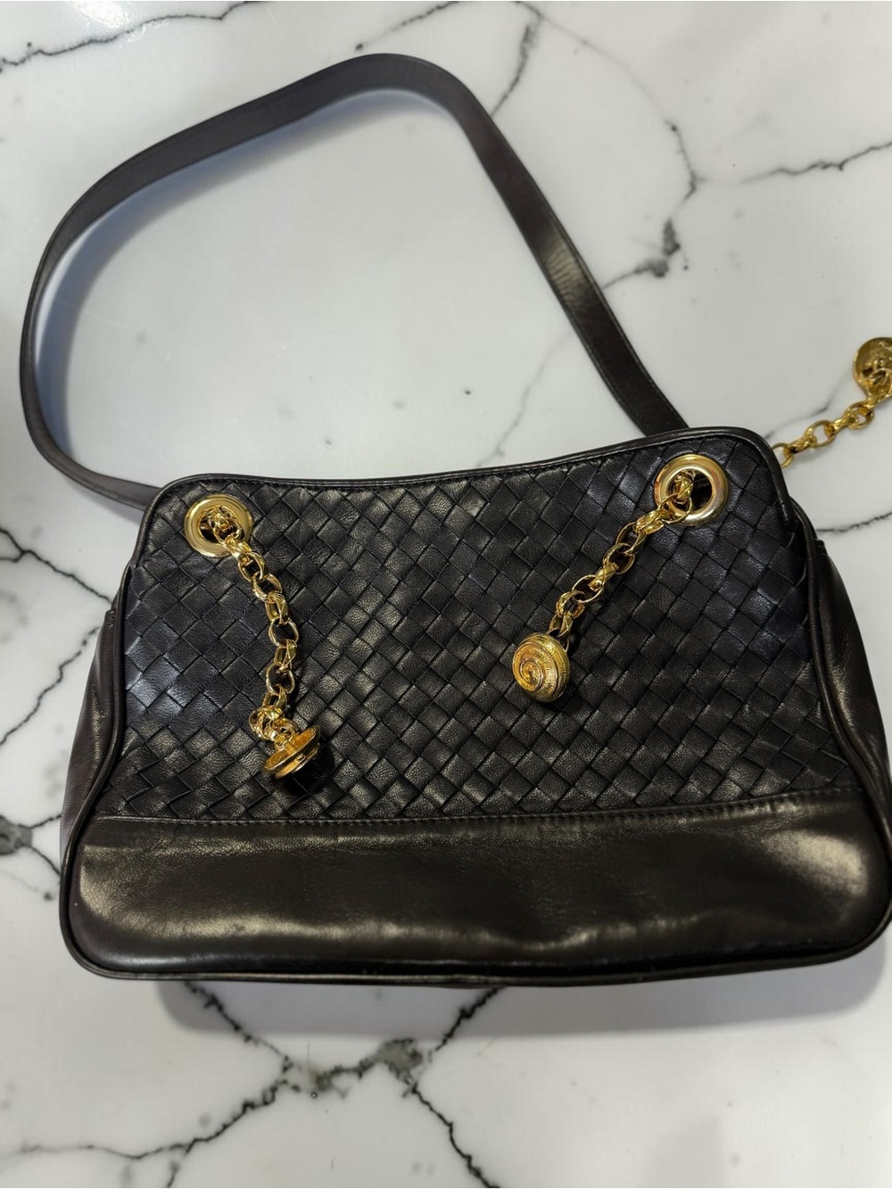 Vintage Woven Leather Shoulder Bag Black Gold Swirl Medallion Hardware USA